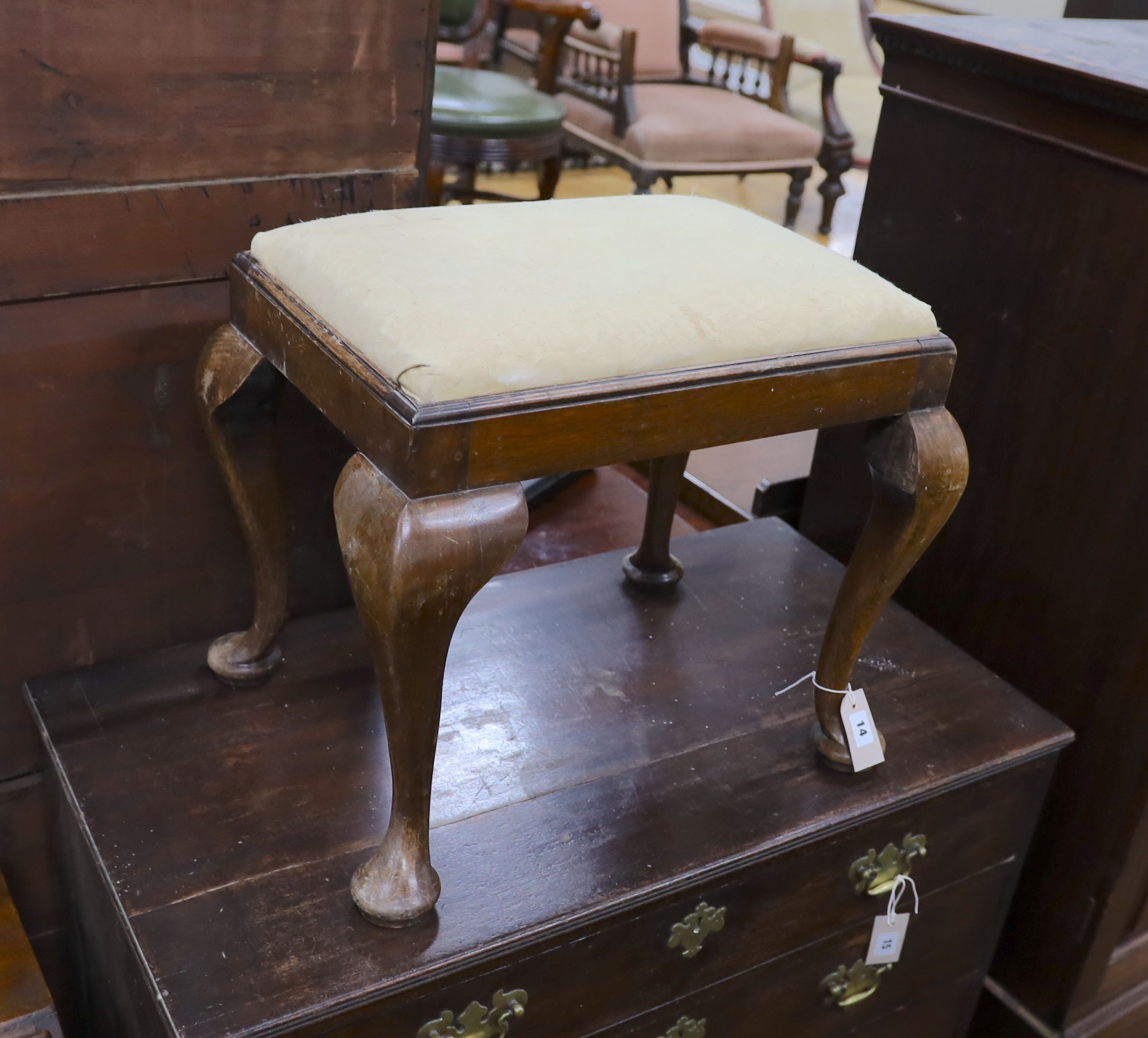 A George III walnut stool, width 54cm, depth 41cm, height 46cm